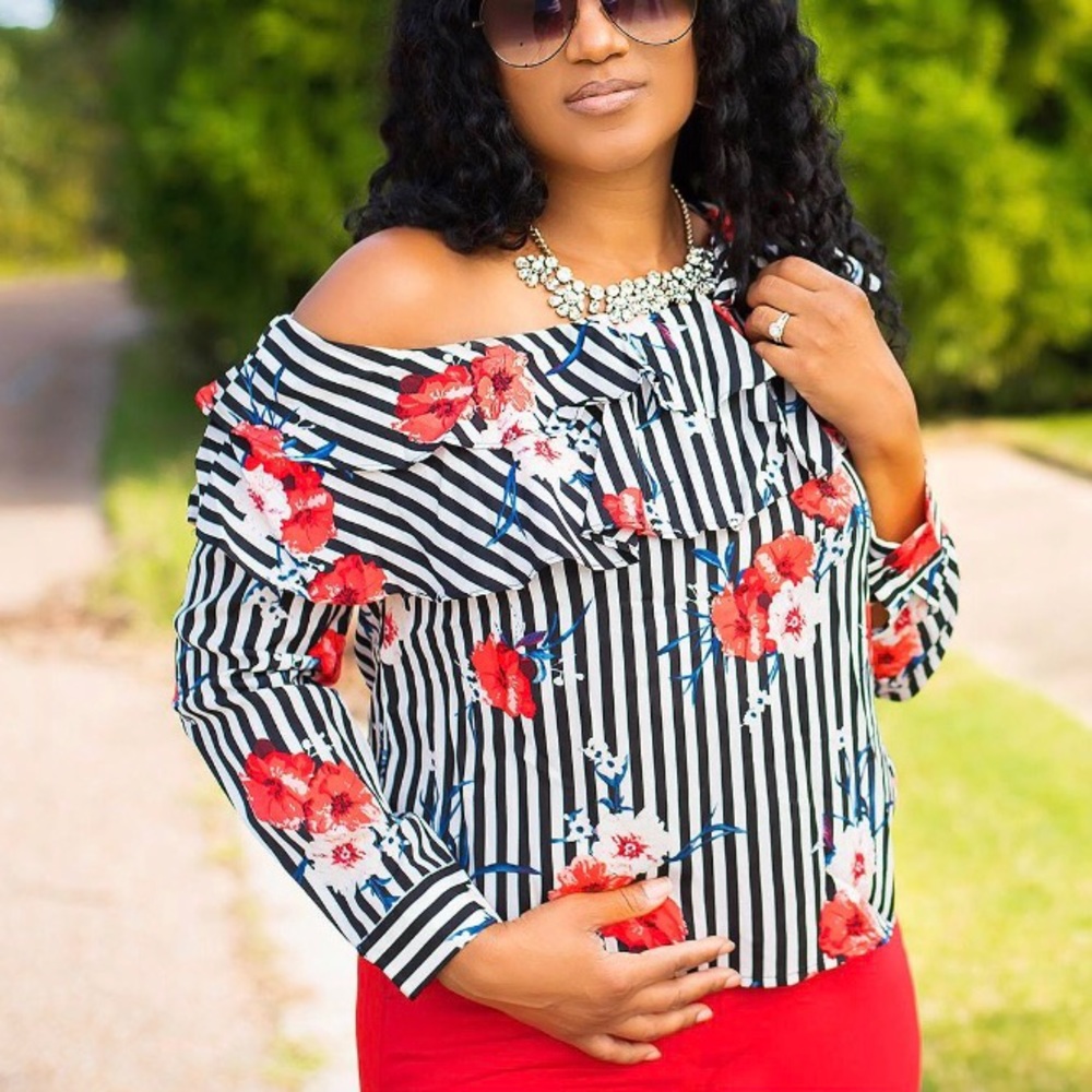 Black and White Striped Floral Ruffle Top